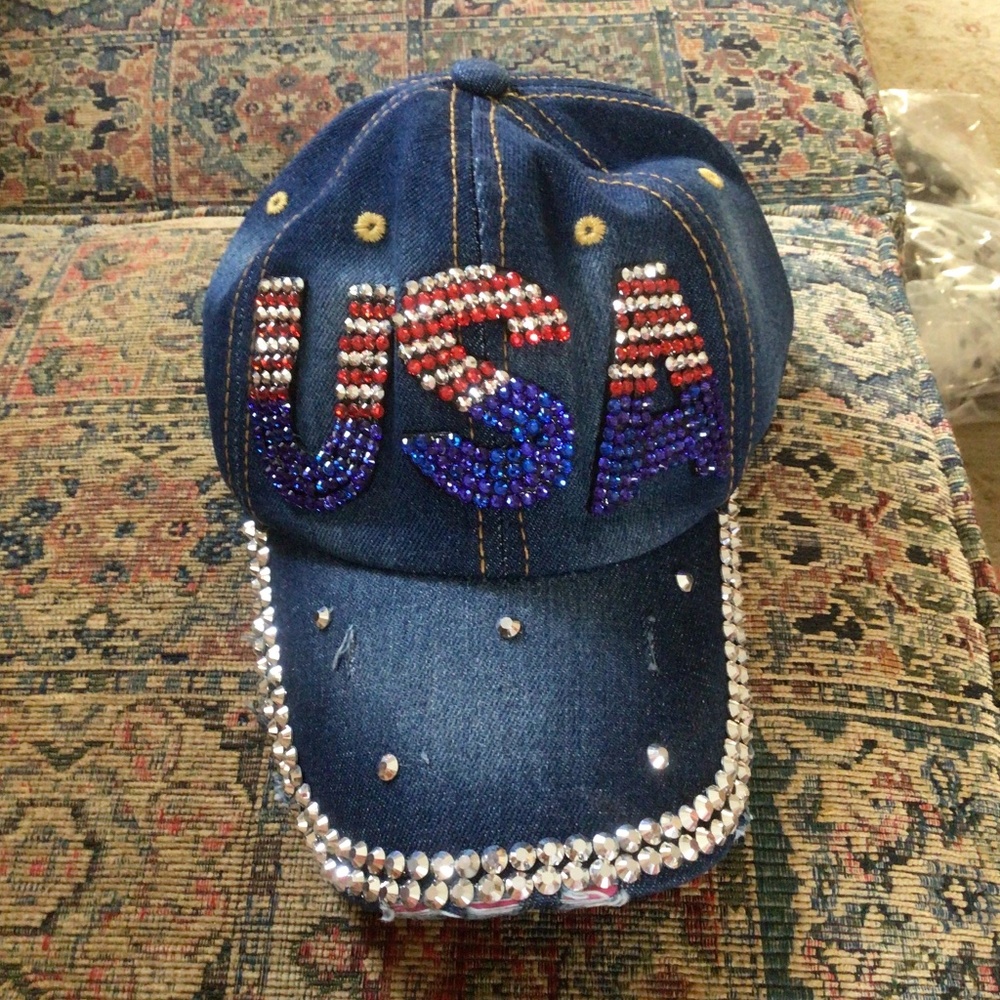 Womens Patriotic Bling Medium Wash Denim Trucker Hat